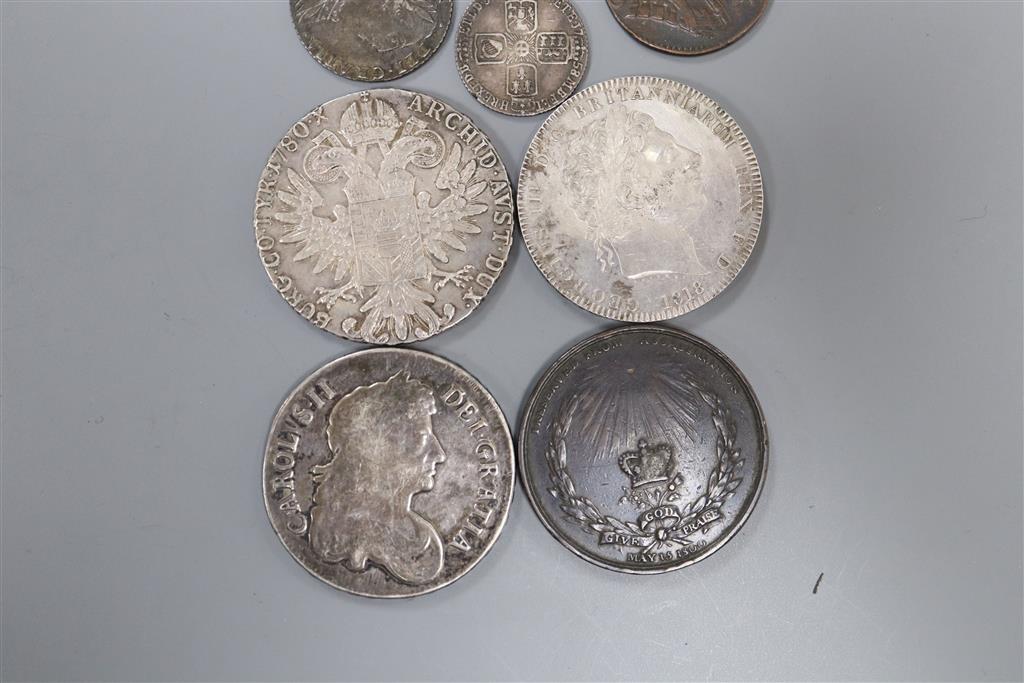 A Charles II 1673 crown, an 1889 double florin, an 1818 crown, a